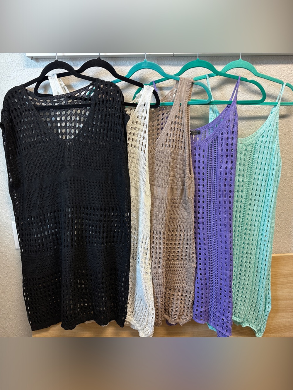 Set of Crochet Knit Swim Coverups in Black, White, Taupe, Lavender & Mint
